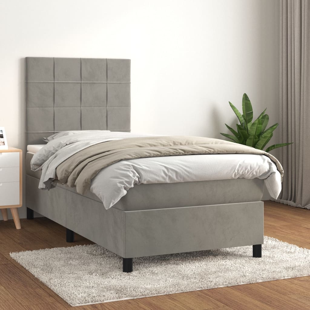 vidaXL Cama com molas/colchão 90x200 cm veludo cinza-claro