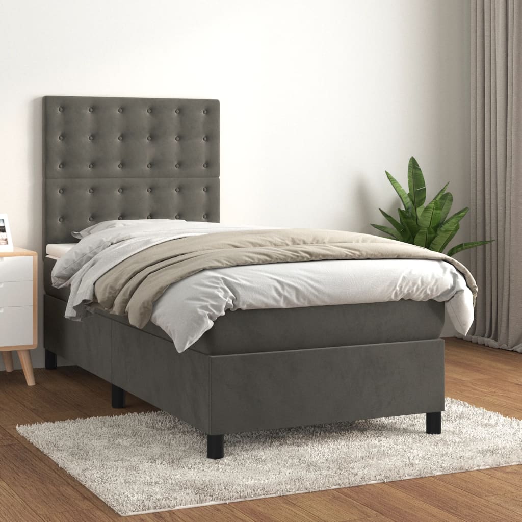 vidaXL Cama com molas/colchão 90x200 cm veludo cinza-escuro