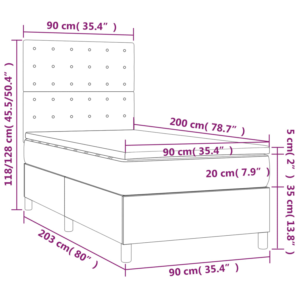 vidaXL Cama com molas/colchão 90x200 cm veludo cinza-escuro