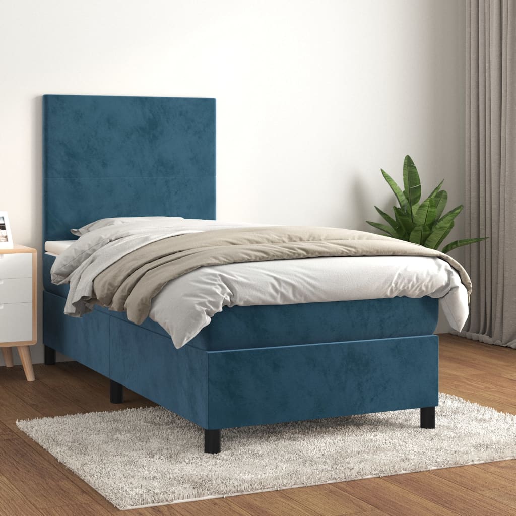 vidaXL Cama com molas/colchão 100x200 cm veludo azul-escuro