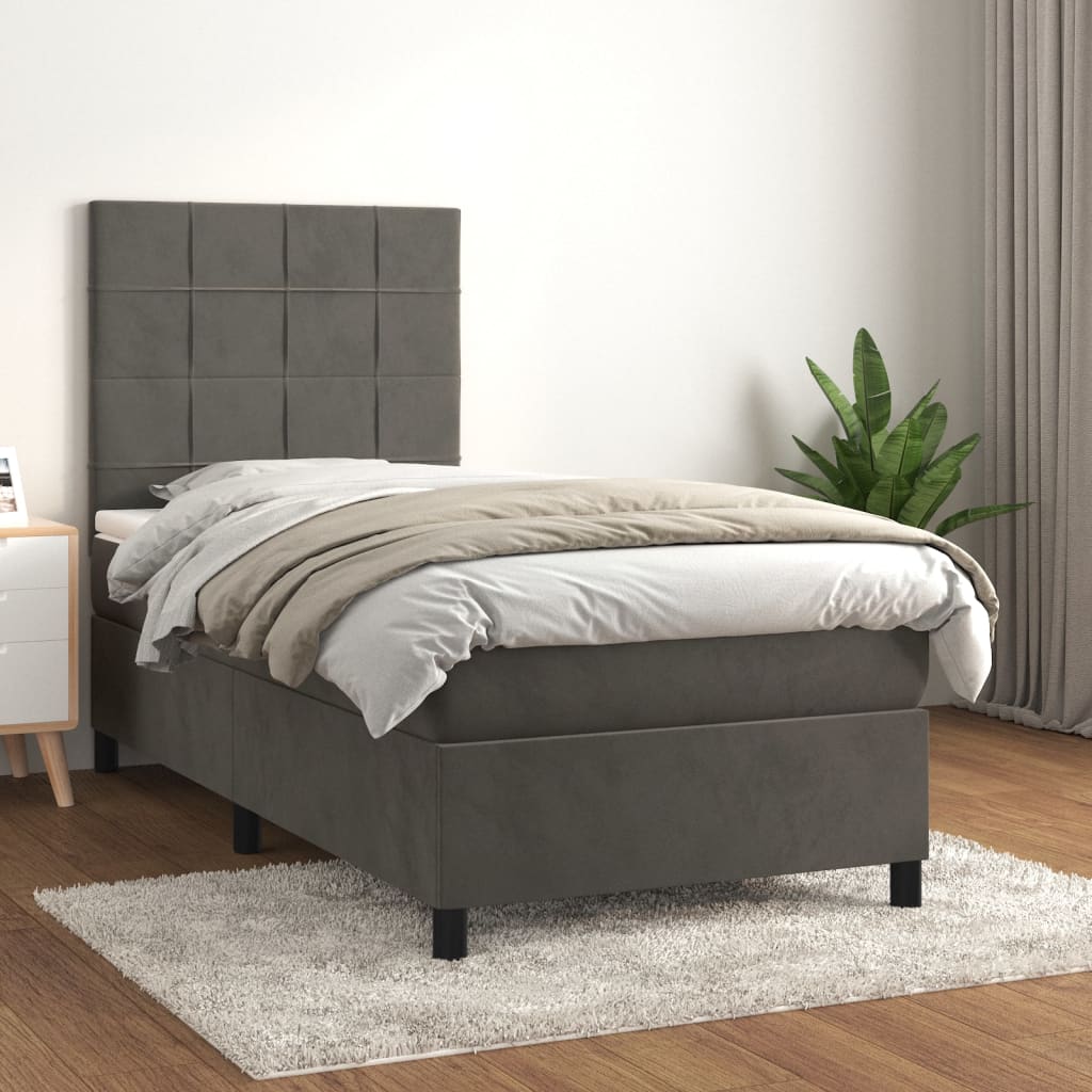 vidaXL Cama com molas/colchão 100x200 cm veludo cinza-escuro