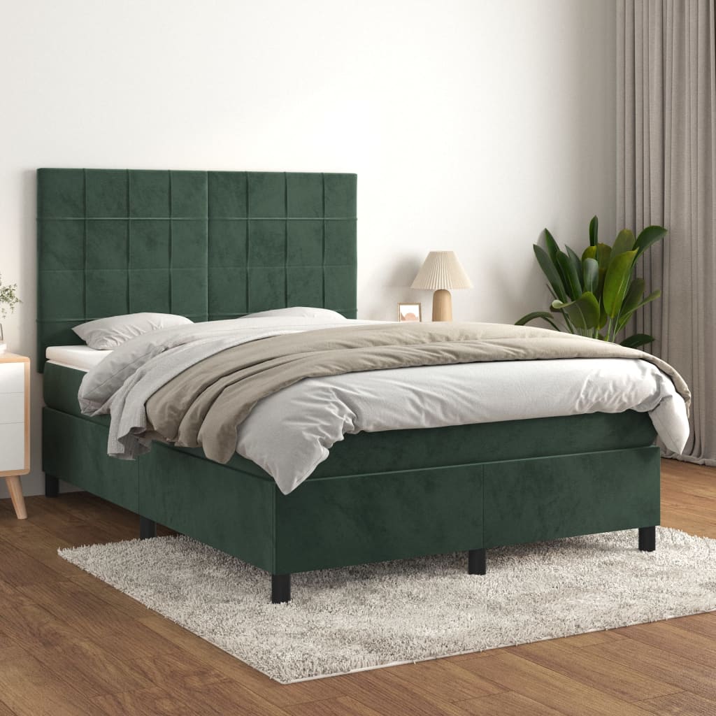 vidaXL Cama com molas/colchão 140x190 cm veludo verde-escuro