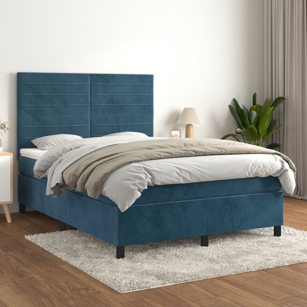 vidaXL Cama com molas/colchão 140x190 cm veludo azul-escuro