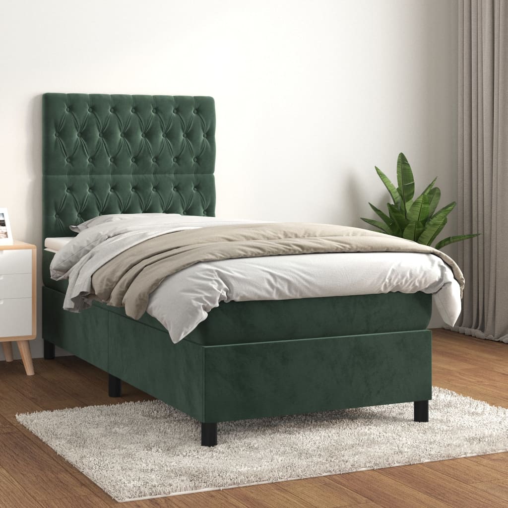 vidaXL Cama com molas/colchão 90x190 cm veludo verde-escuro