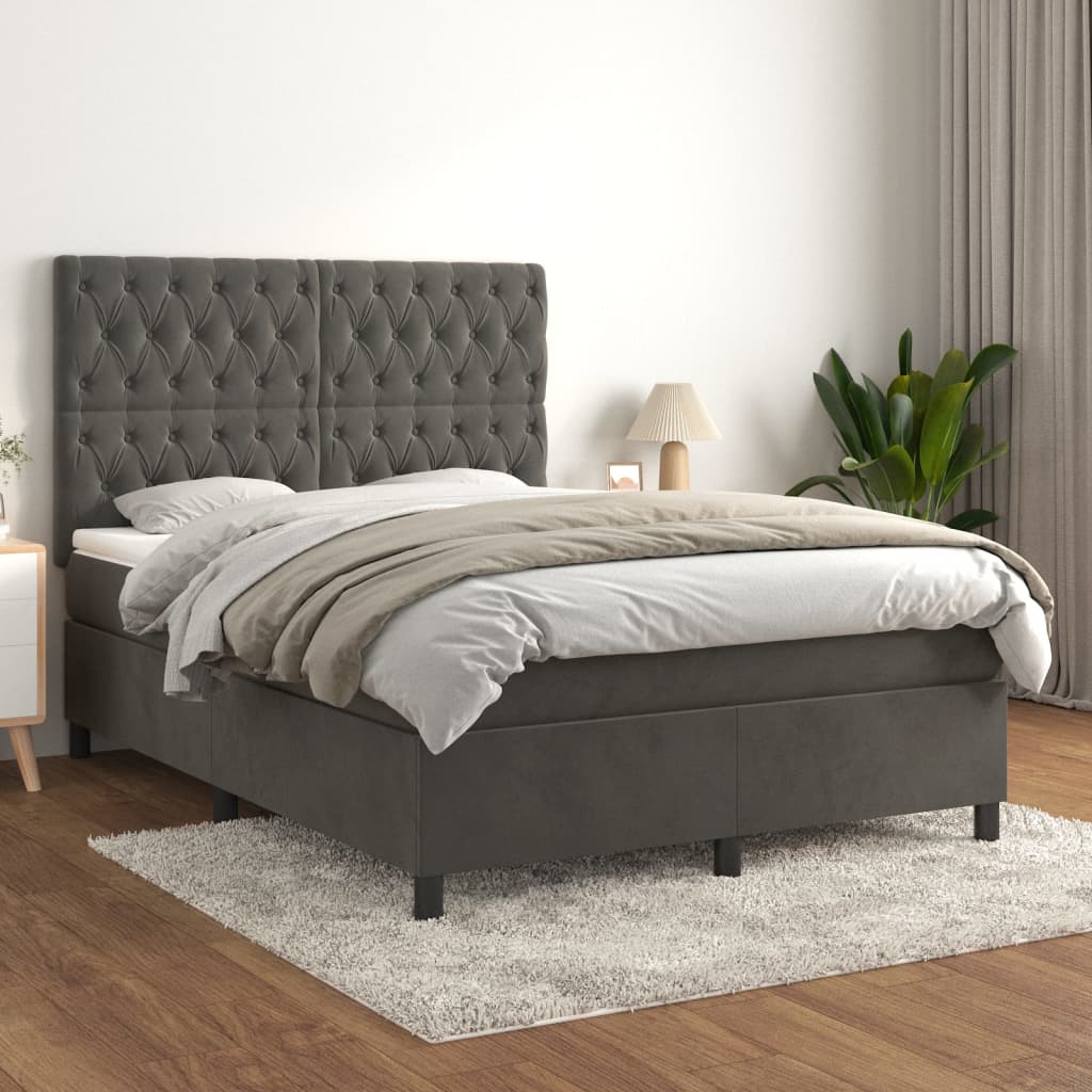 vidaXL Cama com molas/colchão 140x190 cm veludo cinzento-escuro