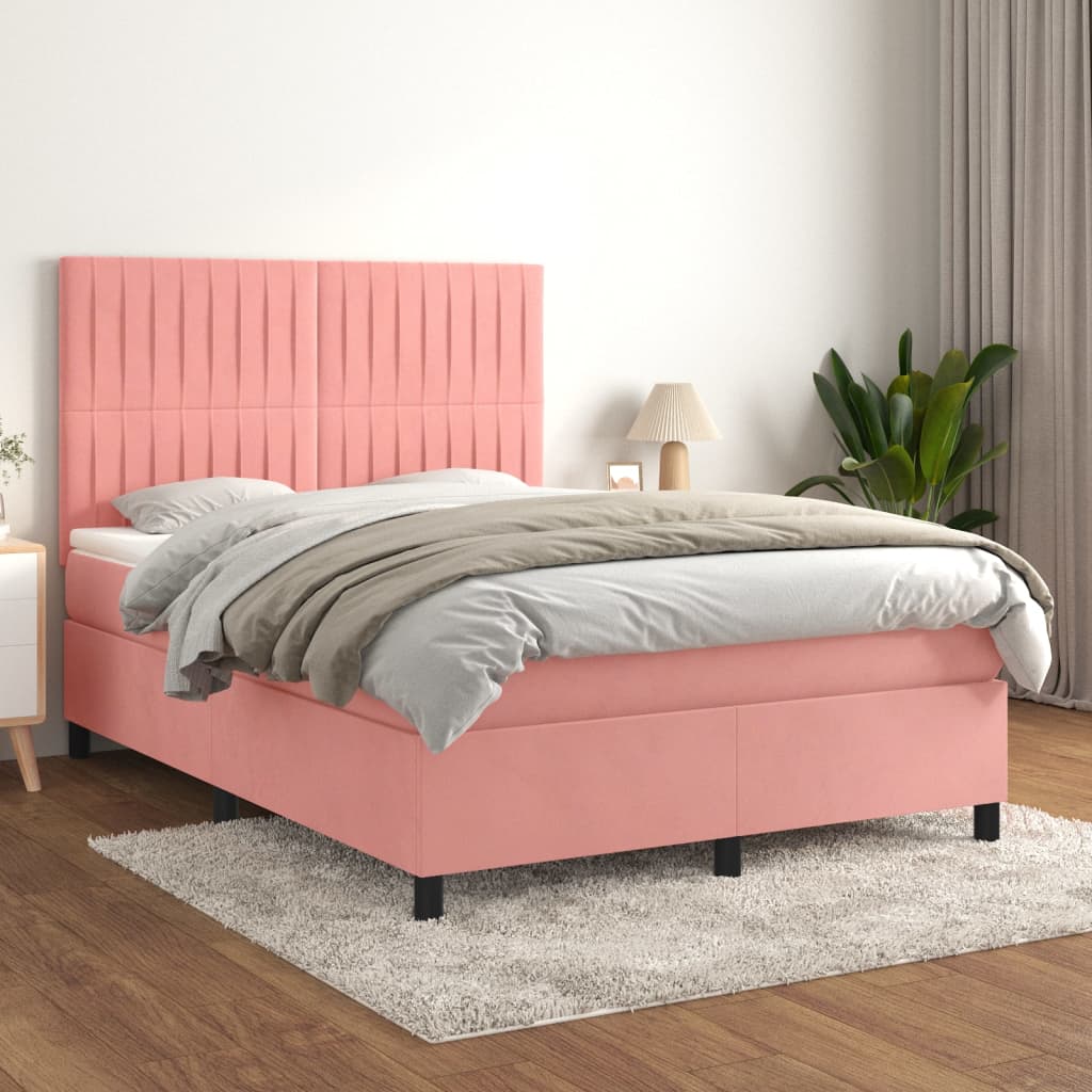 vidaXL Cama com molas/colchão 140x190 cm veludo rosa