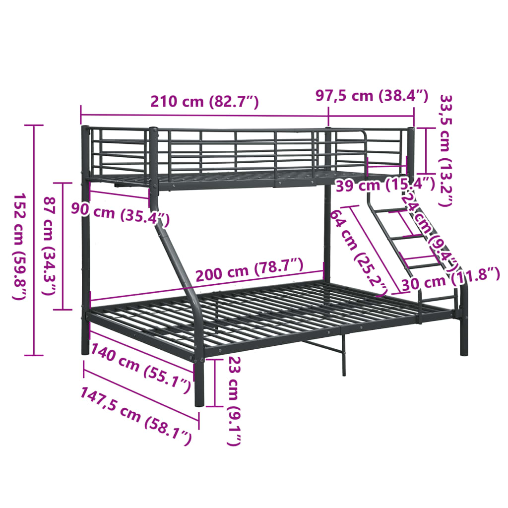 vidaXL Estrutura de beliche 140x200/90x200 cm metal preto