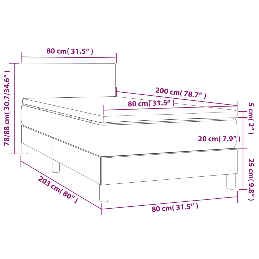 vidaXL Cama box spring c/ colchão e LED 80x200 cm tecido cor creme