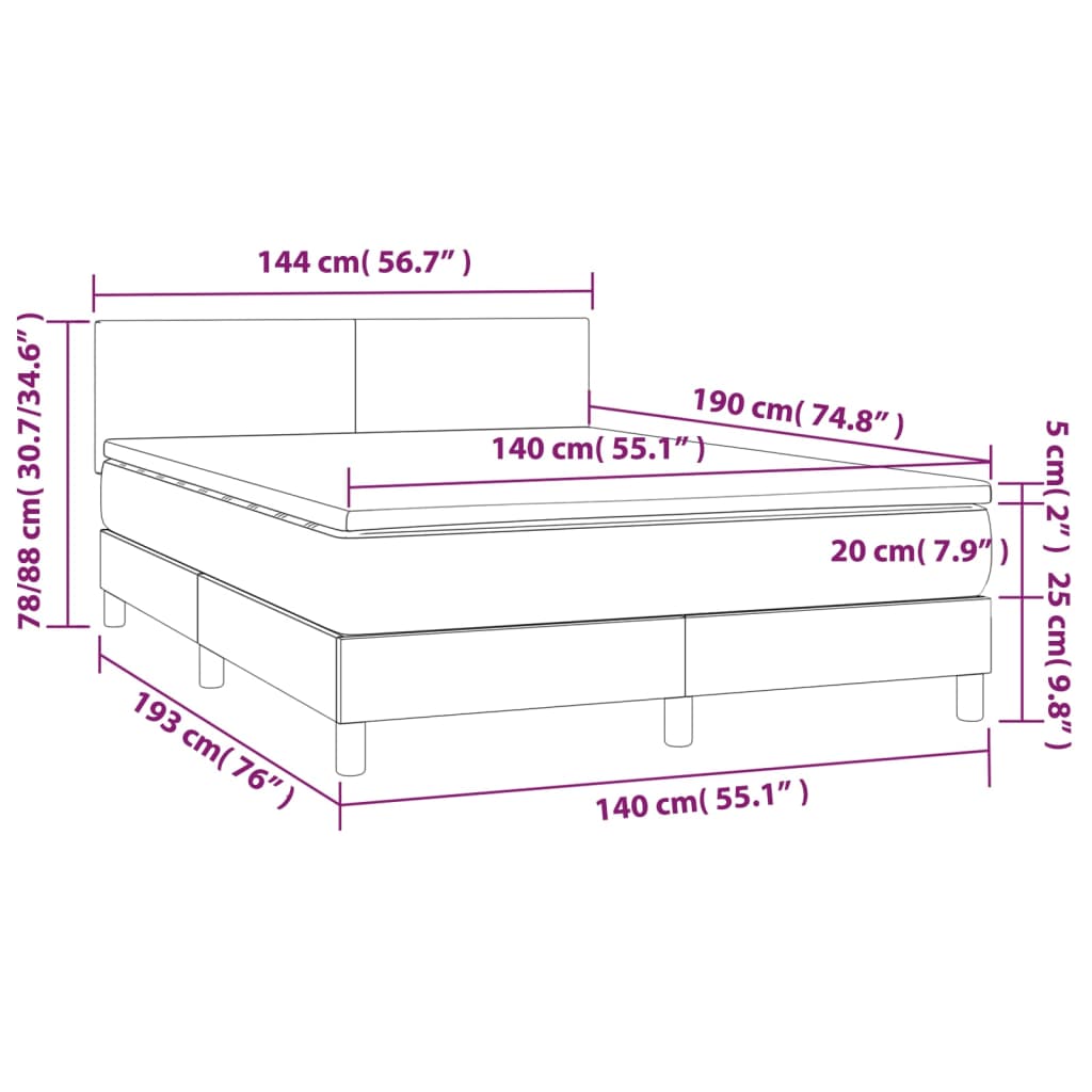 vidaXL Cama box spring c/ colchão e LED 140x190 cm tecido cinza-claro