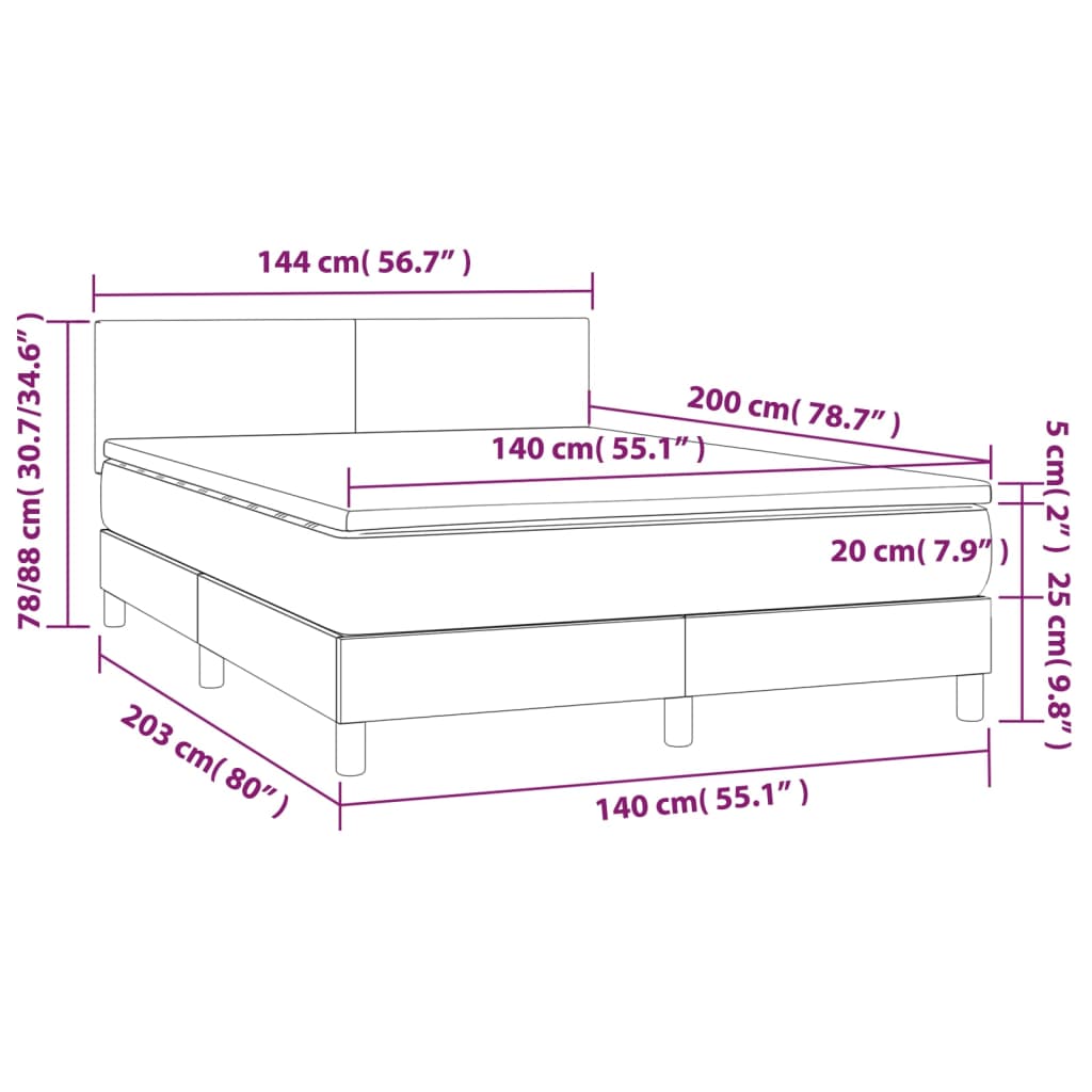 vidaXL Cama box spring colchão/LED 140x200 cm tecido cinza-acastanhado