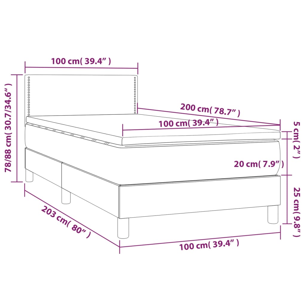 vidaXL Cama box spring c/ colchão e LED 100x200 cm tecido preto