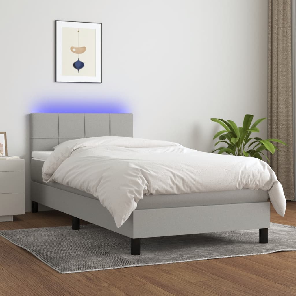 vidaXL Cama box spring c/ colchão e LED 90x200 cm tecido cinza-claro