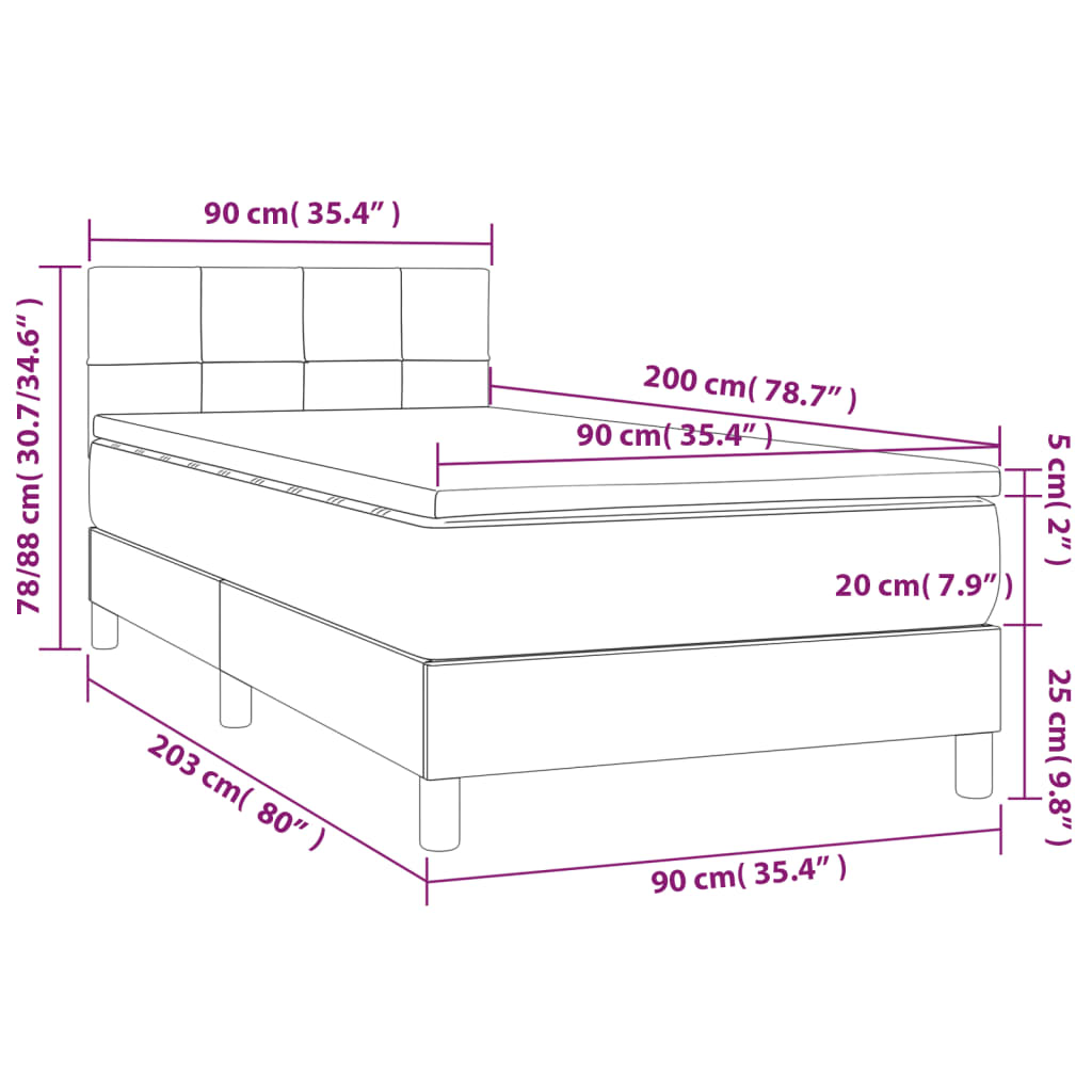 vidaXL Cama box spring c/ colchão e LED 90x200 cm tecido cinza-claro