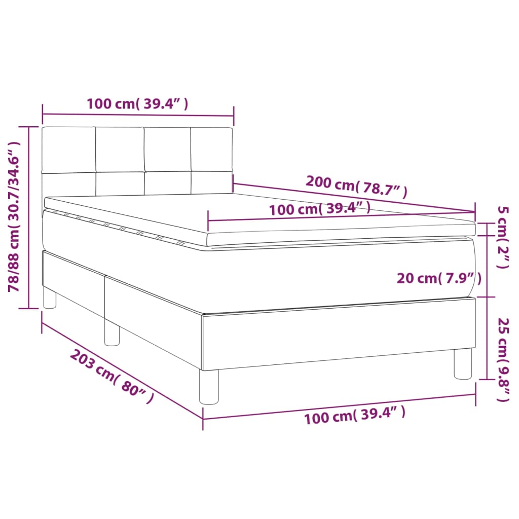 vidaXL Cama box spring c/ colchão e LED 100x200 cm tecido cinza-claro