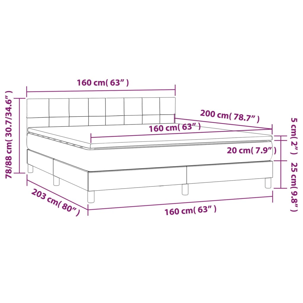 vidaXL Cama box spring c/ colchão e LED 160x200 cm tecido preto