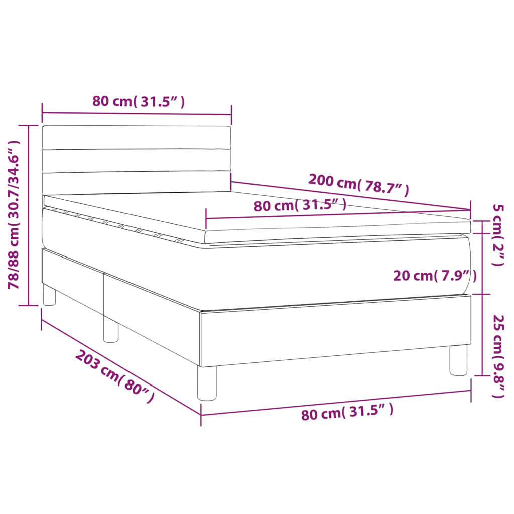 vidaXL Cama box spring c/ colchão e LED 80x200 cm tecido cinza-escuro