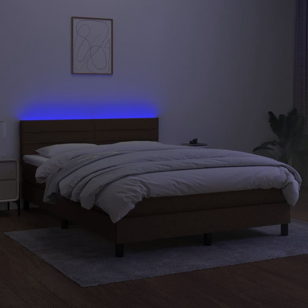 vidaXL Cama box spring c/ colchão/LED 140x200cm tecido castanho-escuro