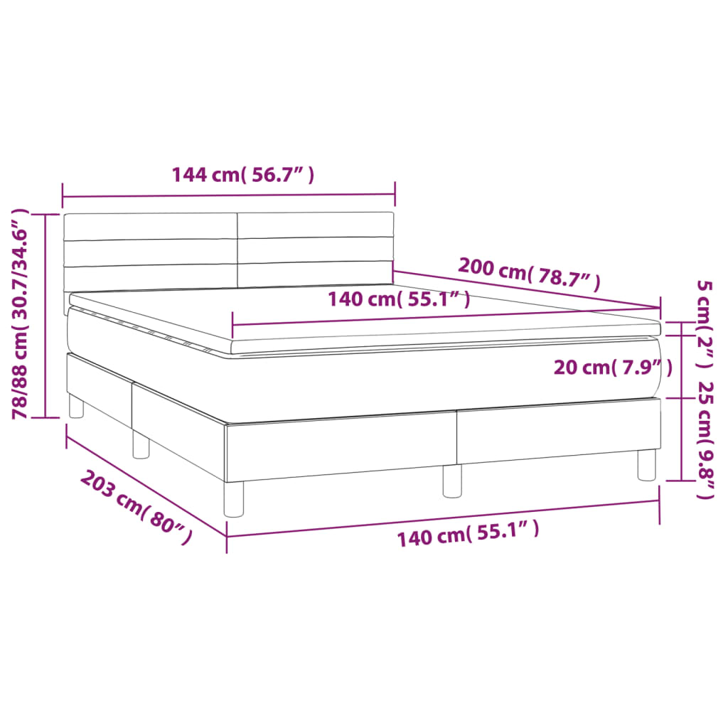 vidaXL Cama box spring c/ colchão/LED 140x200cm tecido castanho-escuro