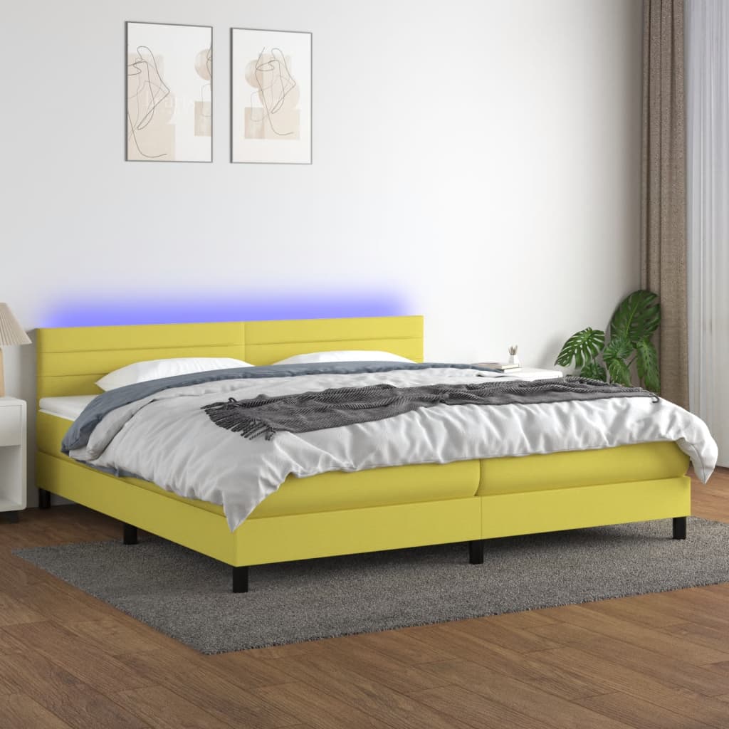 vidaXL Cama box spring c/ colchão e LED 200x200 cm tecido verde