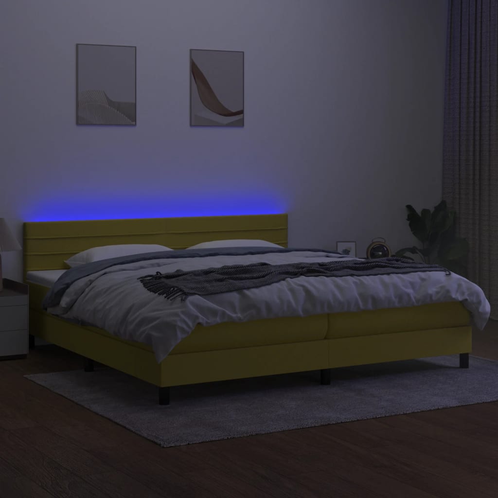 vidaXL Cama box spring c/ colchão e LED 200x200 cm tecido verde