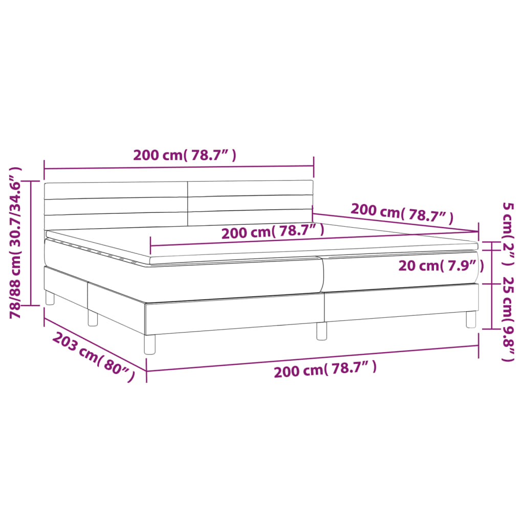 vidaXL Cama box spring c/ colchão e LED 200x200 cm tecido preto