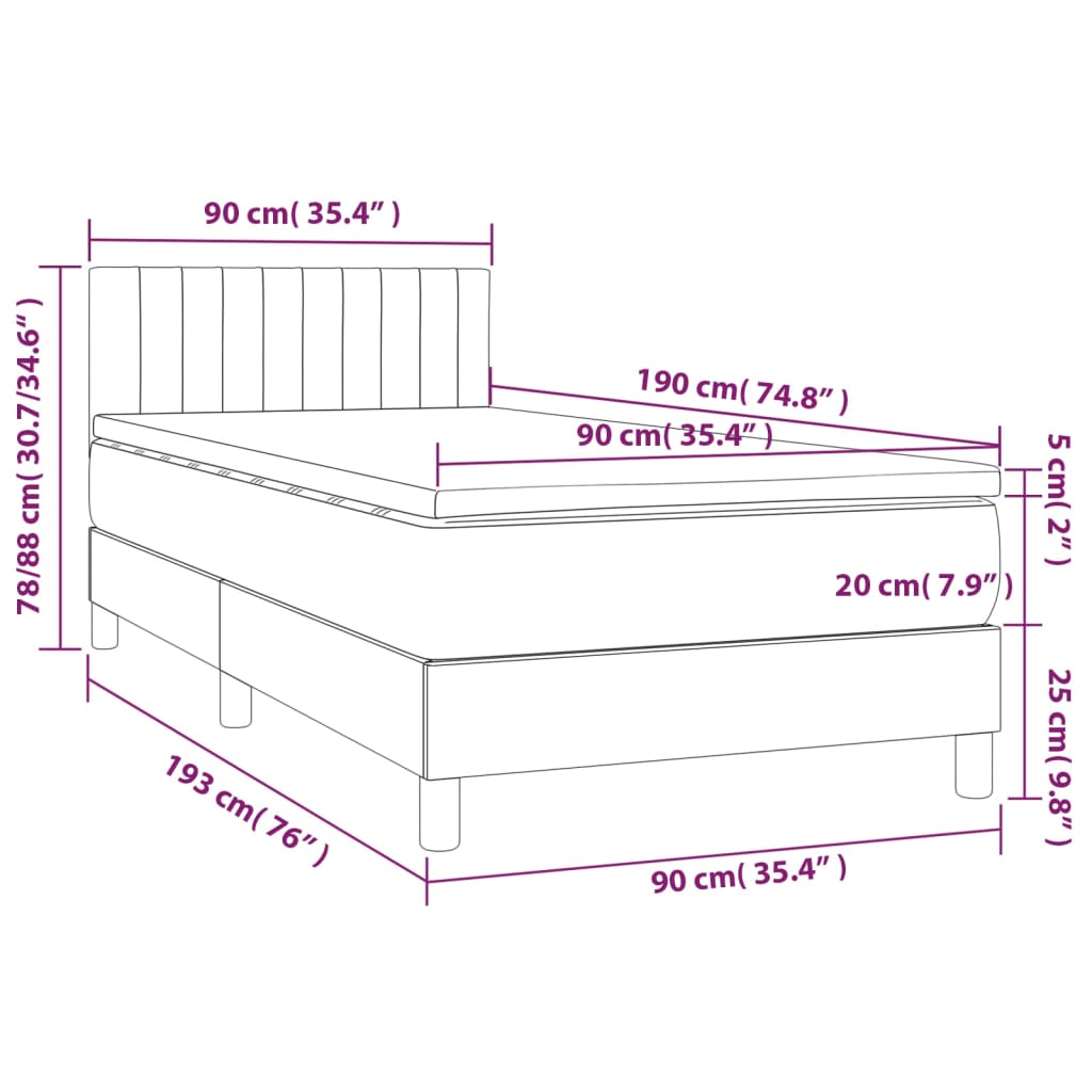 vidaXL Cama box spring c/ colchão e LED 90x190 cm tecido cinza-claro