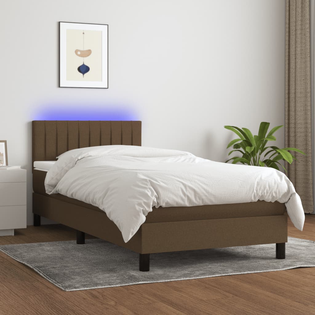 vidaXL Cama box spring c/ colchão/LED 90x190 cm tecido castanho-escuro