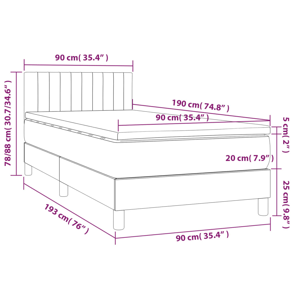 vidaXL Cama box spring c/ colchão/LED 90x190 cm tecido castanho-escuro