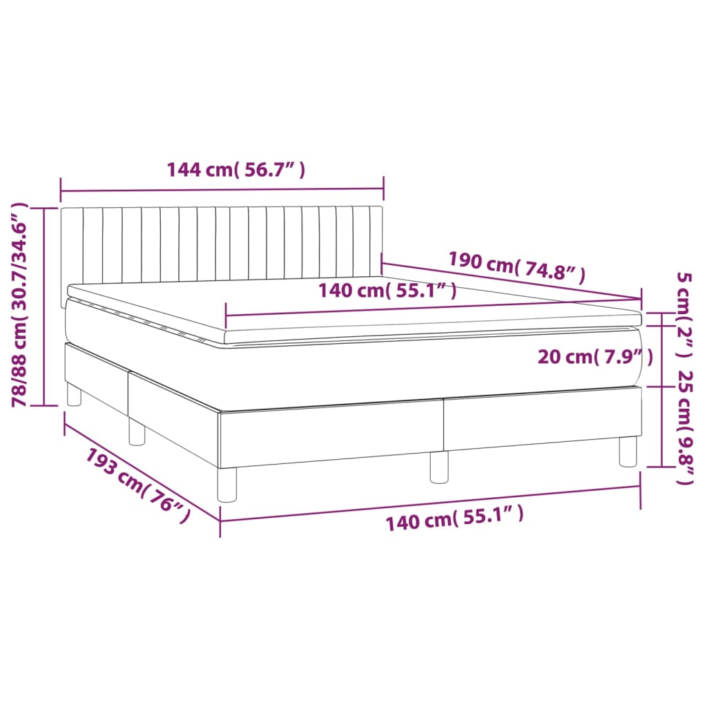 vidaXL Cama box spring colchão/LED 140x190cm tecido cinza-acastanhado