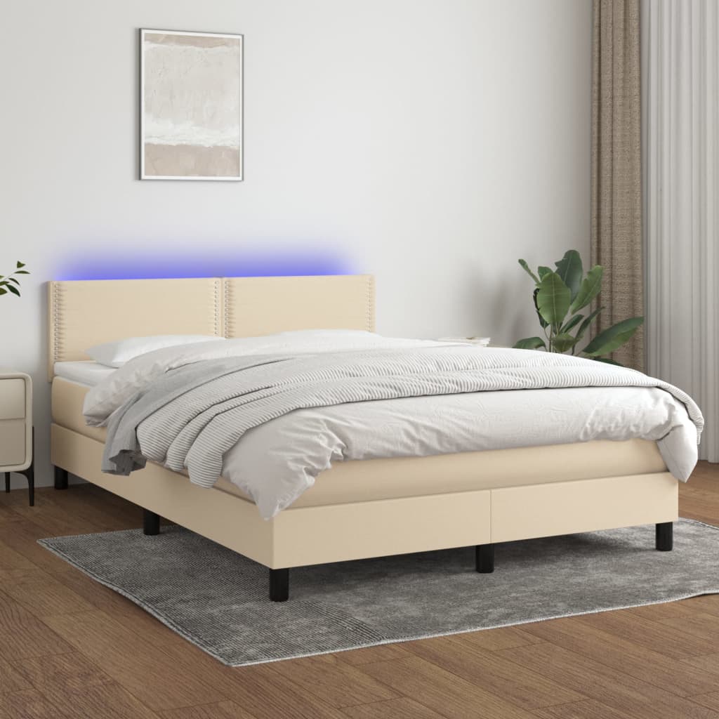 vidaXL Cama box spring c/ colchão e LED 140x190 cm tecido cor creme