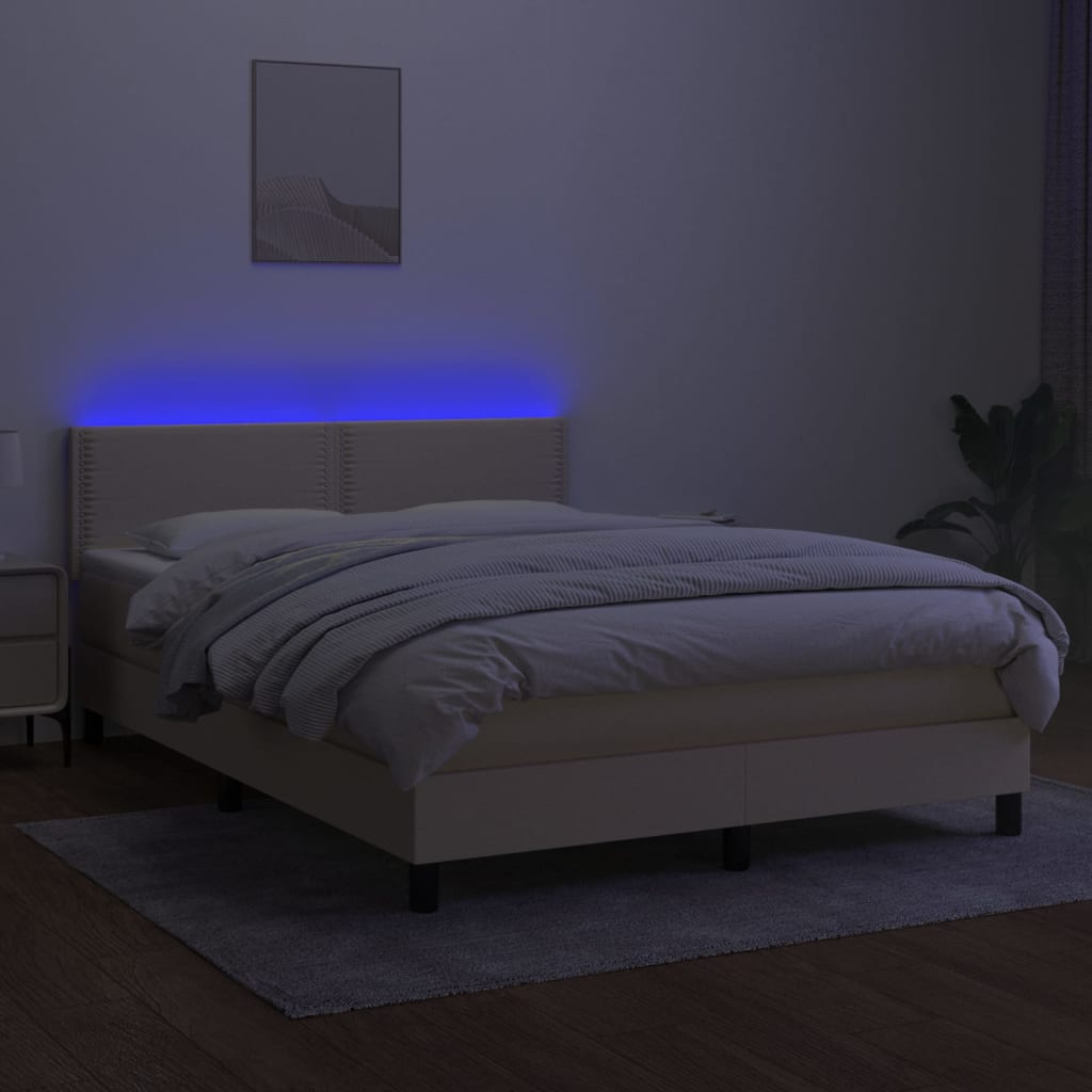 vidaXL Cama box spring c/ colchão e LED 140x190 cm tecido cor creme