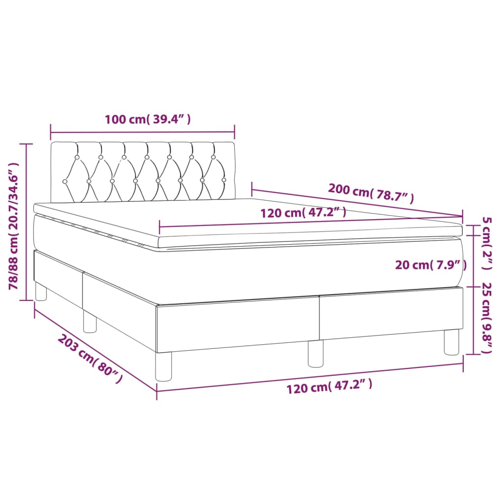 vidaXL Cama box spring colchão/LED 120x200cm tecido cinza-acastanhado