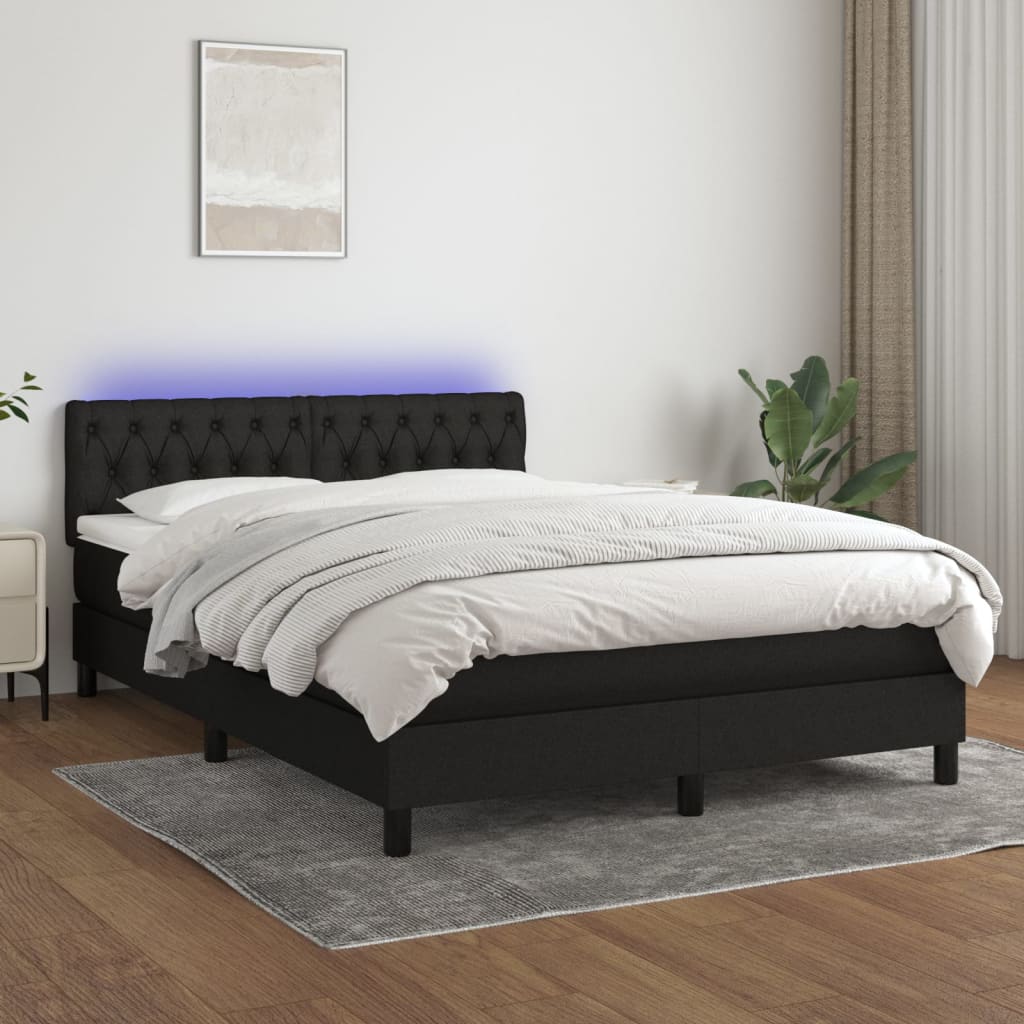 vidaXL Cama box spring c/ colchão e LED 140x190 cm tecido preto