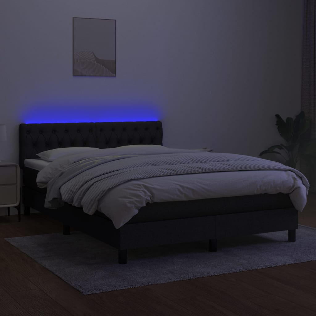 vidaXL Cama box spring c/ colchão e LED 140x190 cm tecido preto