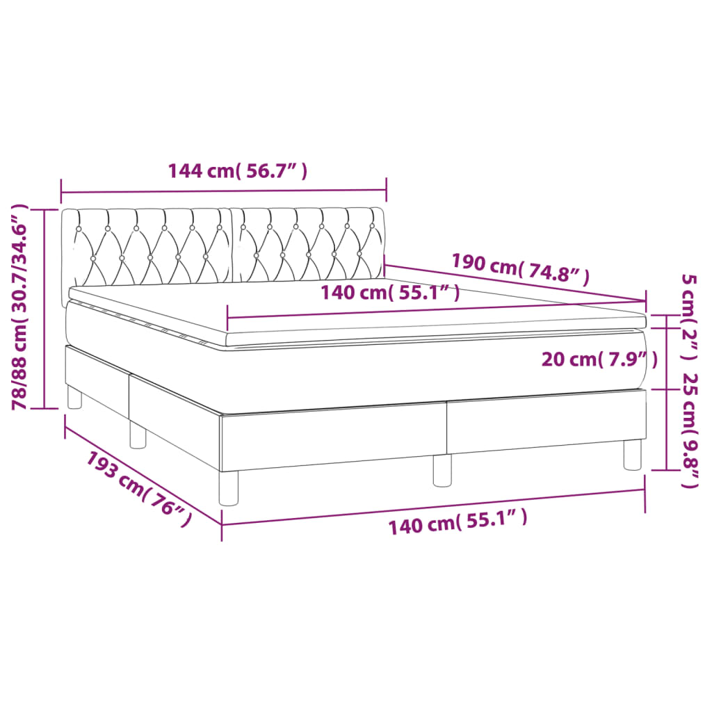 vidaXL Cama box spring colchão/LED 140x190cm tecido cinza-acastanhado