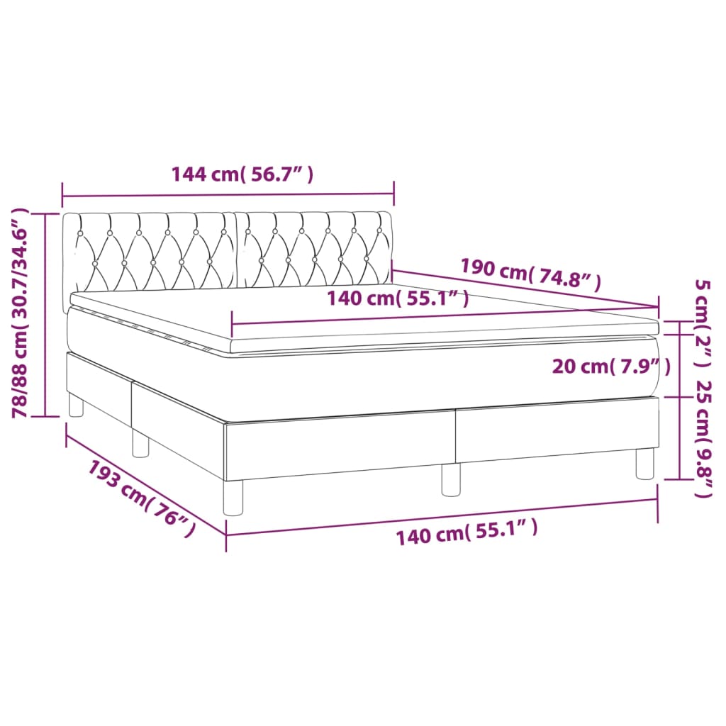 vidaXL Cama box spring c/ colchão e LED 140x190 cm tecido preto