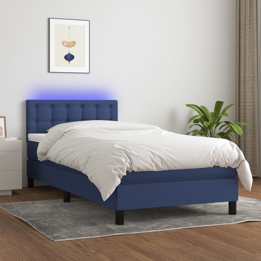 vidaXL Cama box spring c/ colchão e LED 90x190 cm tecido azul