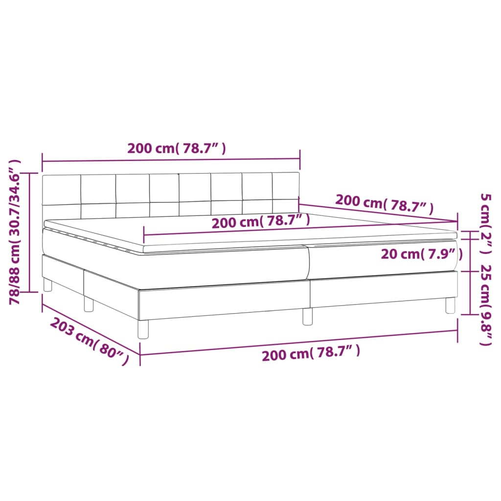 vidaXL Cama box spring c/ colchão/LED 200x200cm tecido castanho-escuro