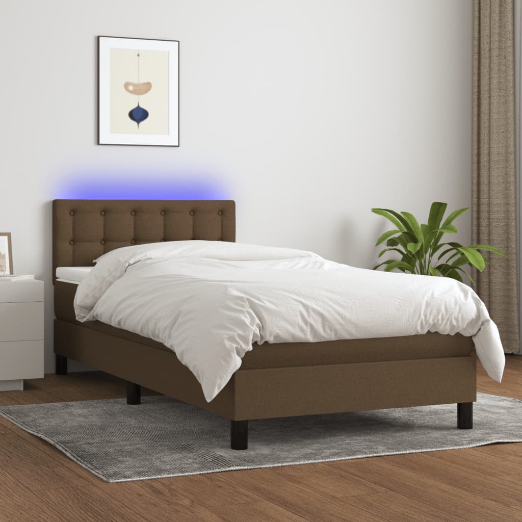 vidaXL Cama box spring c/ colchão/LED 90x200 cm tecido castanho-escuro