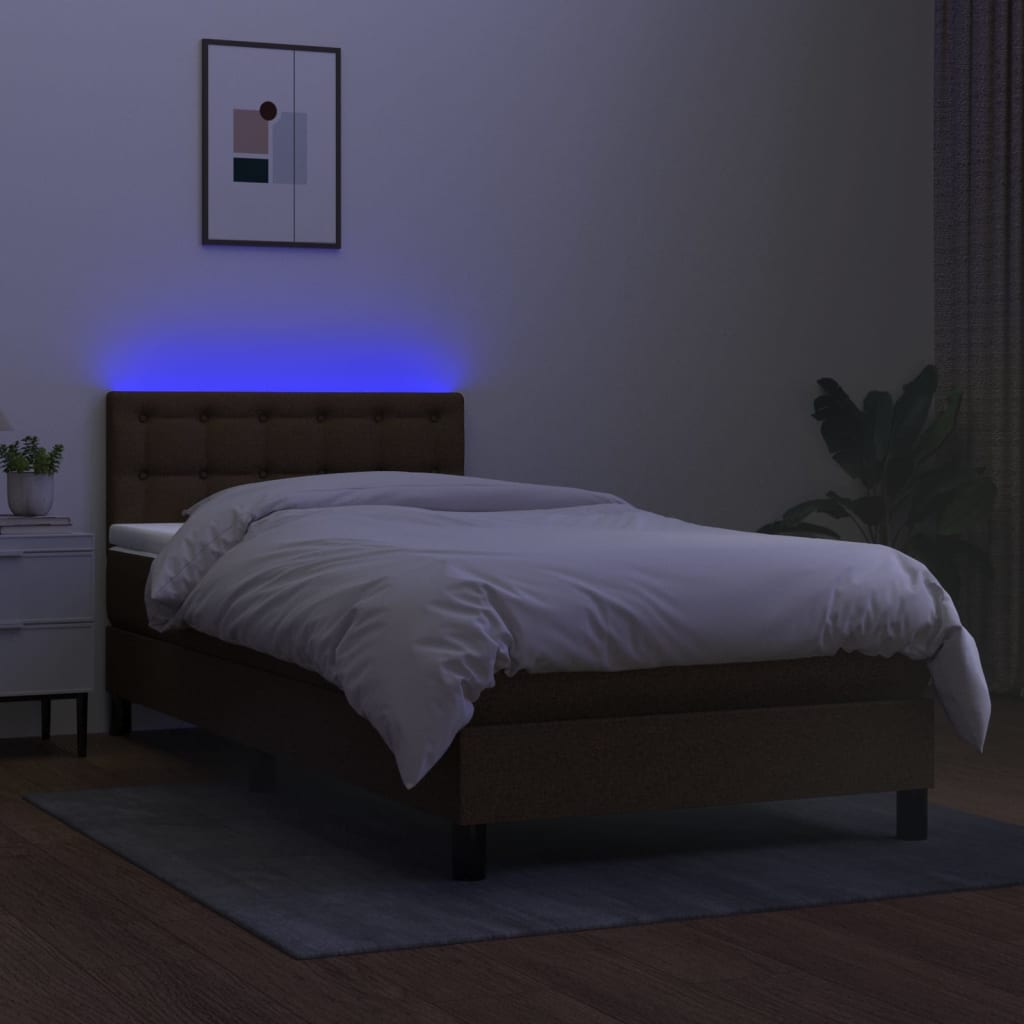 vidaXL Cama box spring c/ colchão/LED 90x200 cm tecido castanho-escuro