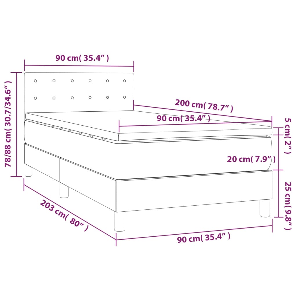 vidaXL Cama box spring c/ colchão/LED 90x200 cm tecido castanho-escuro