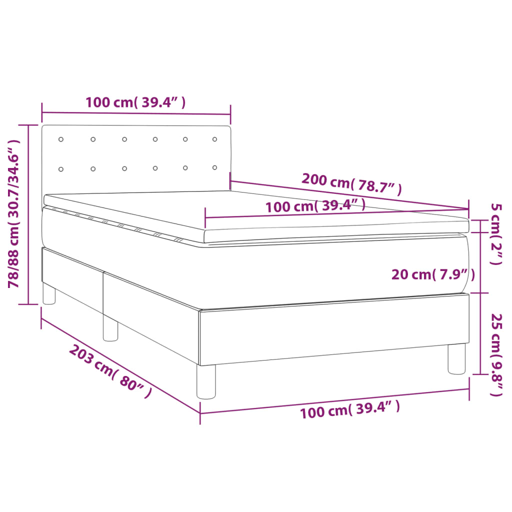 vidaXL Cama box spring colchão/LED 100x200cm tecido cinza-acastanhado