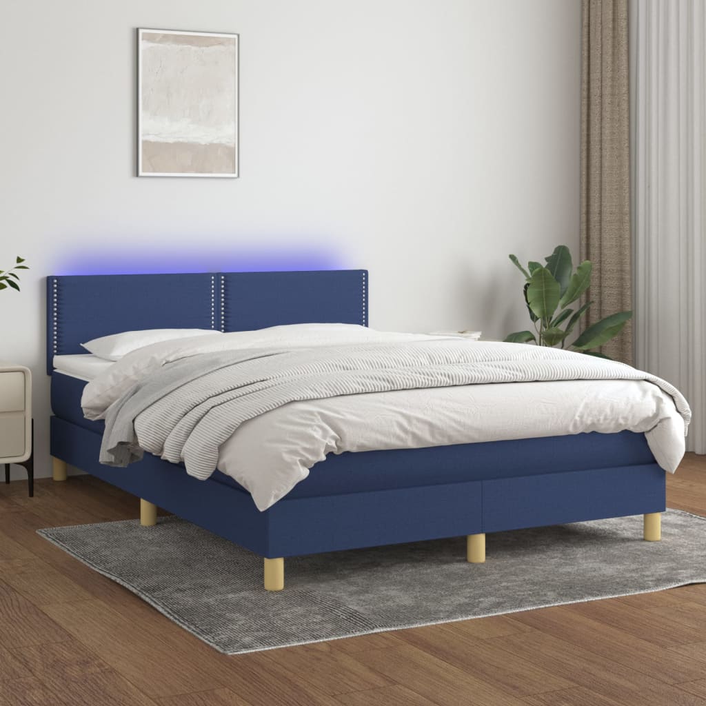 vidaXL Cama box spring c/ colchão e LED 140x190 cm tecido azul