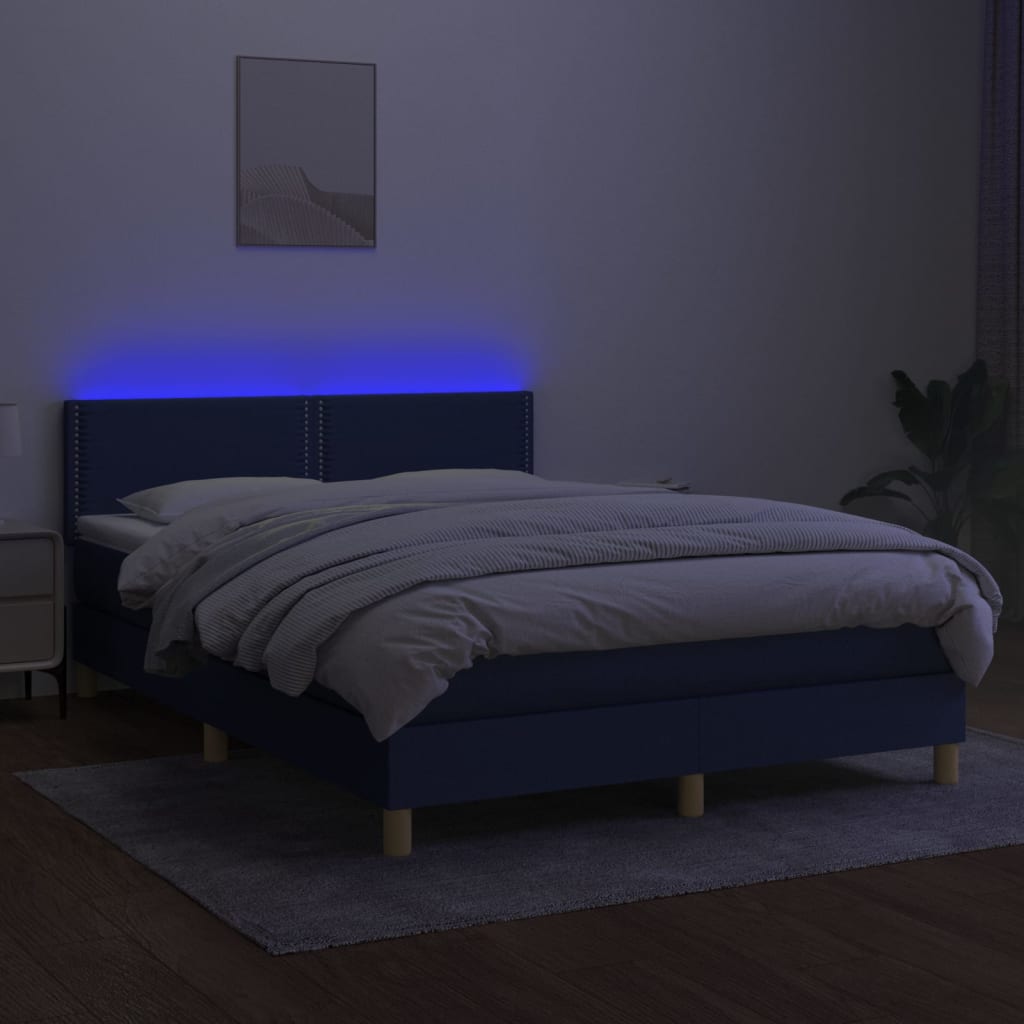 vidaXL Cama box spring c/ colchão e LED 140x190 cm tecido azul