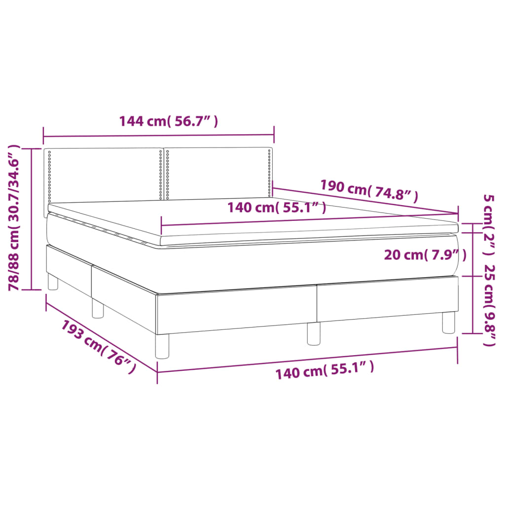 vidaXL Cama box spring c/ colchão e LED 140x190 cm tecido azul