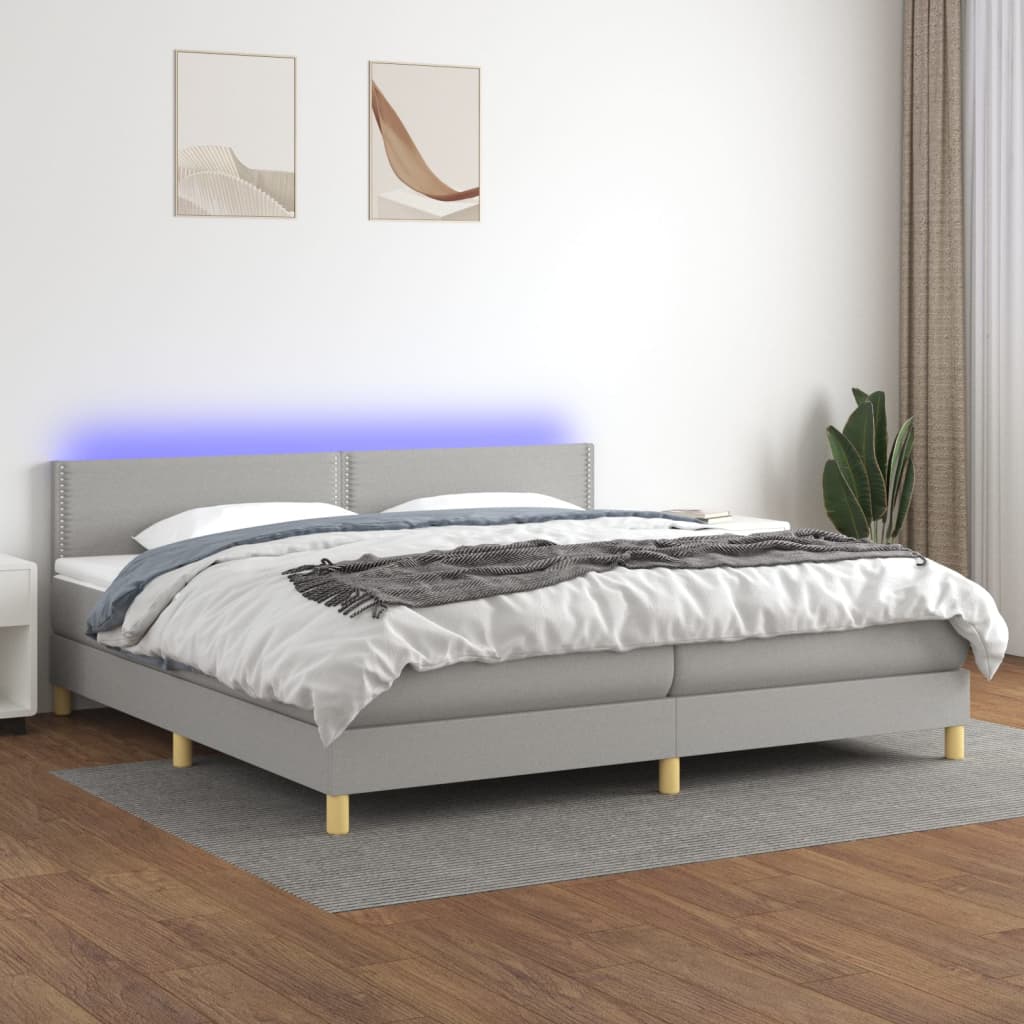 vidaXL Cama box spring c/ colchão e LED 200x200 cm tecido cinza-claro