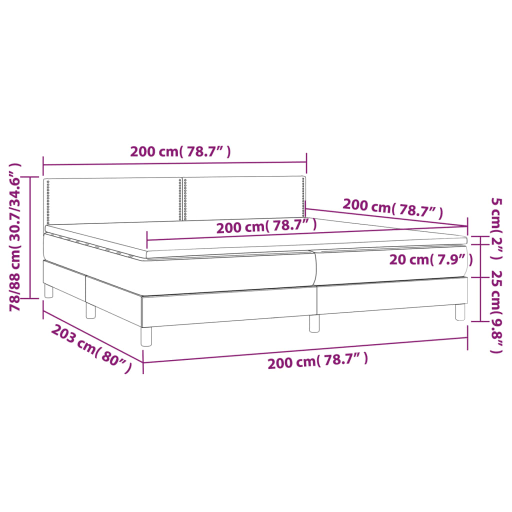 vidaXL Cama box spring c/ colchão e LED 200x200 cm tecido cinza-claro