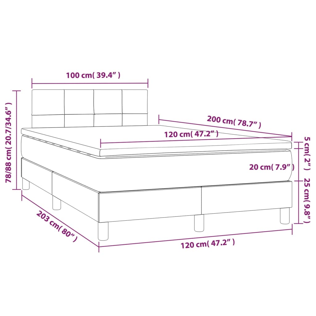 vidaXL Cama box spring colchão/LED 120x200cm tecido cinza-acastanhado