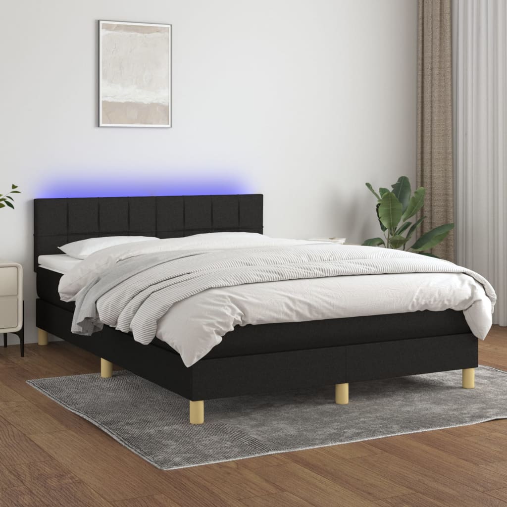 vidaXL Cama box spring c/ colchão e LED 140x190 cm tecido preto