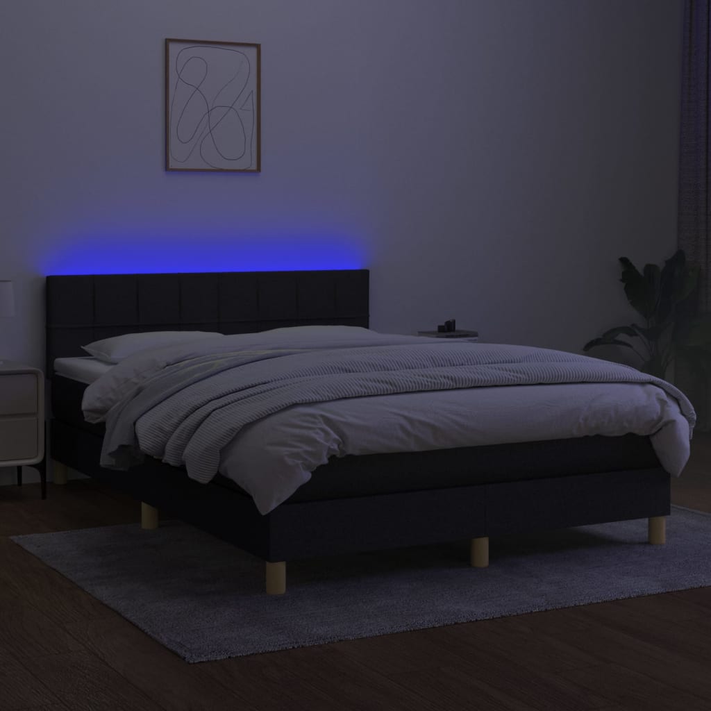 vidaXL Cama box spring c/ colchão e LED 140x190 cm tecido preto